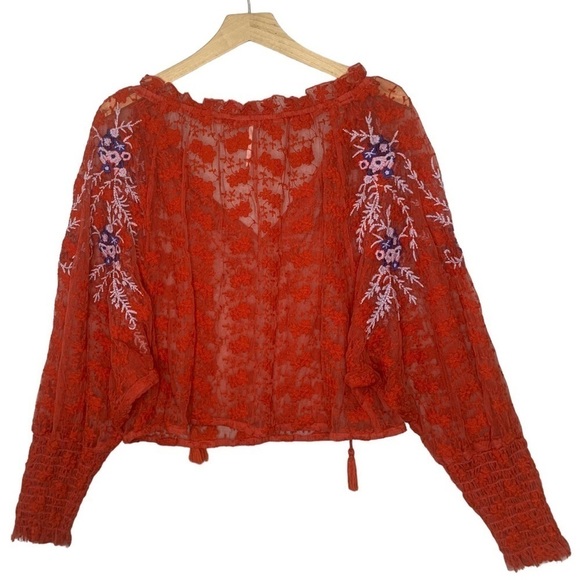 Free People Jubilee Red Embroidered Floral Mesh Oversized Top Womens Size XS - Picture 16 of 16